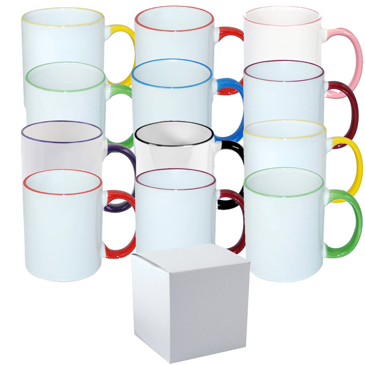 12 Pcs 11OZ MIXED colour Rim & Handle Sublimation Mugs With Individual White Boxes